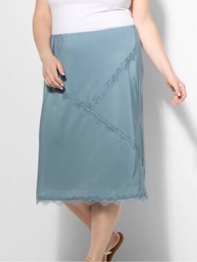 Wild Fable Slate Blue Satin Lace Trim MIDI a-Line Skirt